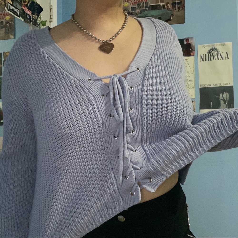 Knit lace up periwinkle blue sweater
